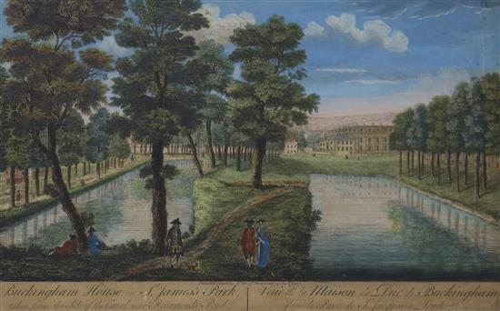 Stevens after Canaletto, A View of the Canal in St Jamess Park…, hand-coloured engraving and three similar prints